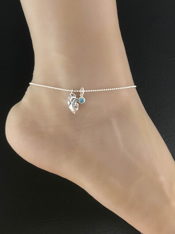 Anatomical Heart Anklet, Sterling Silver Beaded Ankle