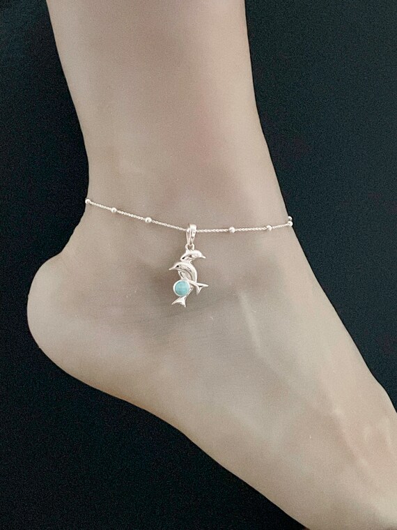 Natural Larimar Dolphin Anklet, Sterling Silver Beaded Ankle