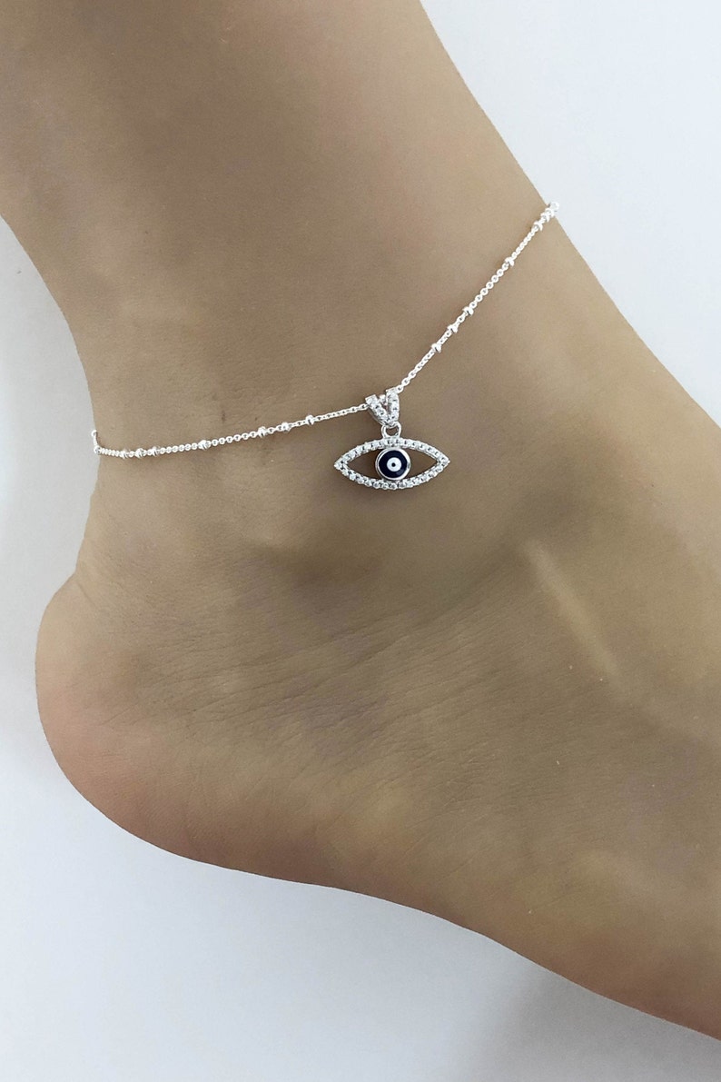 Good Luck Charm Jewelry Evil Eye Anklet Anklet Chain Sterling Silver Beaded Ankle Bracelet Evil Eye CZ Jewelry Protection Anklet