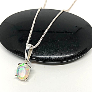 Ethiopian Opal Pendant, Genuine White Opal Necklace, October Birthstone, Sterling Silver Fire Opal Pendant, Natural Gemstone Necklace