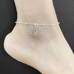 Genuine Peridot Lotus Anklet, Sterling Silver Beaded Ankle Bracelet, Moonstone Charm, Beach Wedding, August Birthstone, Natural Gemstone