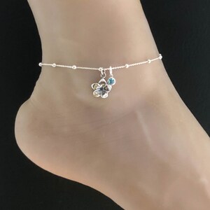 Flower Anklet, Sterling Silver Beaded Ankle Bracelet, Good Luck Charm Jewelry, Flower Charm, Birthstone Ankle Chain, Beach Wedding Anklet