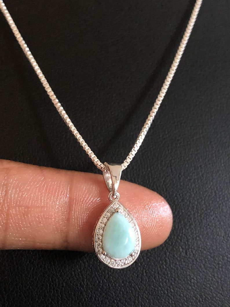Genuine Larimar Necklace April Birthstone Jewelry March Birthstone Jewelry CZ Bridal Wedding Necklace Sterling Silver Larimar Pendant