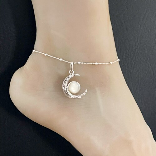 Genuine Mother Or Pearl Anklet, Sterling Silver Beaded Ankle Bracelet, Celtic Anklet, Celestial Moon Anklet, Crescent Charm, Beach Wedding offers