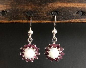 Genuine Ethiopian White Opal Earrings, Rhodolite Garnet Earrings, Sterling Silver Dangle Earrings, January Birthstone, October Birthstone