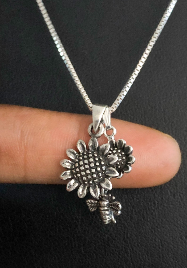 Sunflower Bee Necklace Sterling Silver Sunflower Necklace Etsy