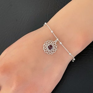 Natural Lotus Garnet Bracelet, Sterling Silver Beaded Bracelet, Garnet Charm Bracelet, January Birthstone, Stackable Bracelet, Bridal Gift