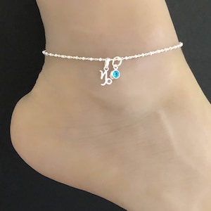 山羊座のアンクレット、スターリングシルバーのビーズアンクルブレスレット、12月の誕生石アンクレット、1月の誕生石アンクレット、山羊座の誕生石アンクレット