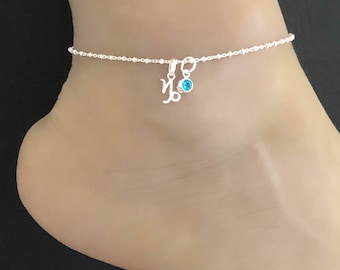 Tobillera de Capricornio, pulsera de tobillo con cuentas de plata de ley, tobillera de piedra de nacimiento de diciembre, tobillera de piedra de nacimiento de enero, tobillera de piedra de nacimiento de Capricornio