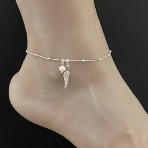 Natural Blue Topaz Angel Wing Anklet, Sterling Silver Beaded Ankle Bracelet, Guardian Angel Anklet, Memorial Jewelry, Mother Of Pearl Anklet