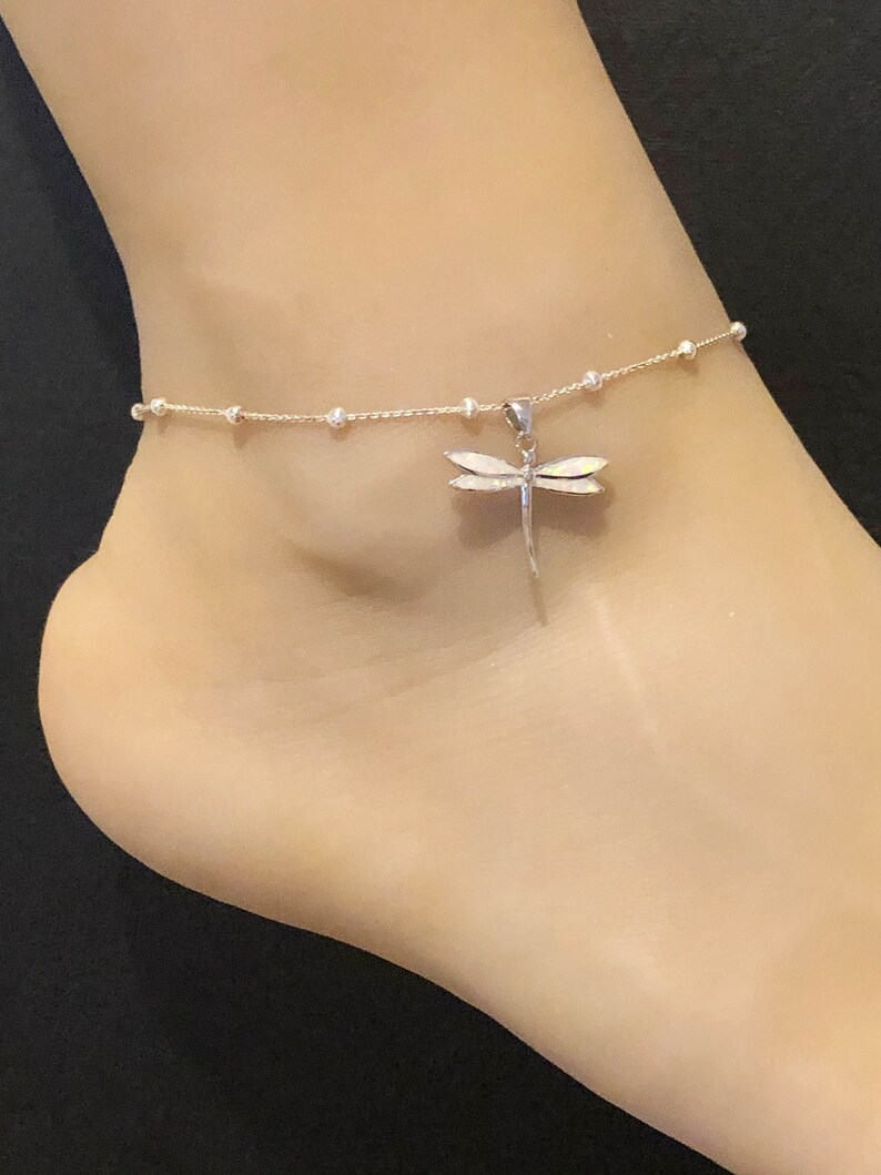 Sterling Silver Beaded Ankle Bracelet Dainty Dragonfly Charm Anklet Chain Good Luck Charm Jewelry White Opal Dragonfly Anklet