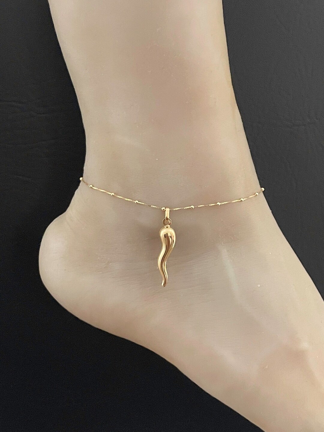Gold Italian Horn Anklet, Gold Plated Over Sterling Silver Beaded Ankle