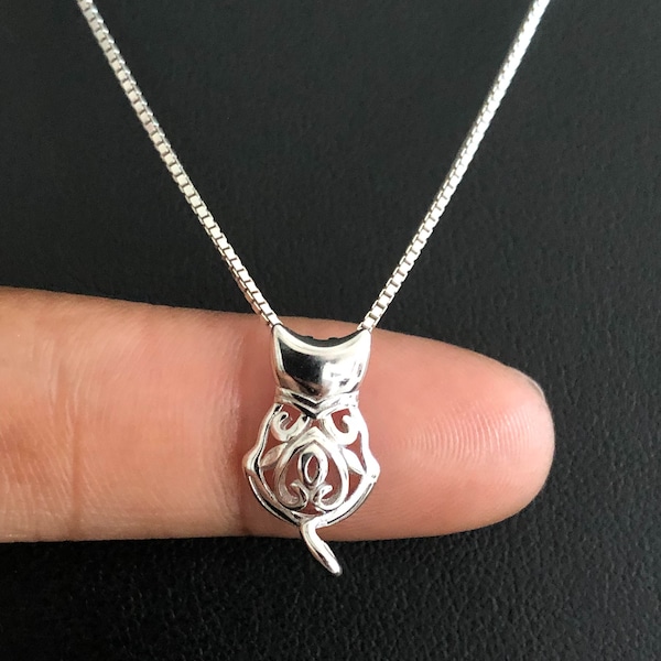Cat Necklace, Sterling Silver Filigree Cat Necklace,  Cat Charm Pendant,  Kitty Necklace, Cat Lady Gift, Cat Lover Jewelry, Daughter Gift