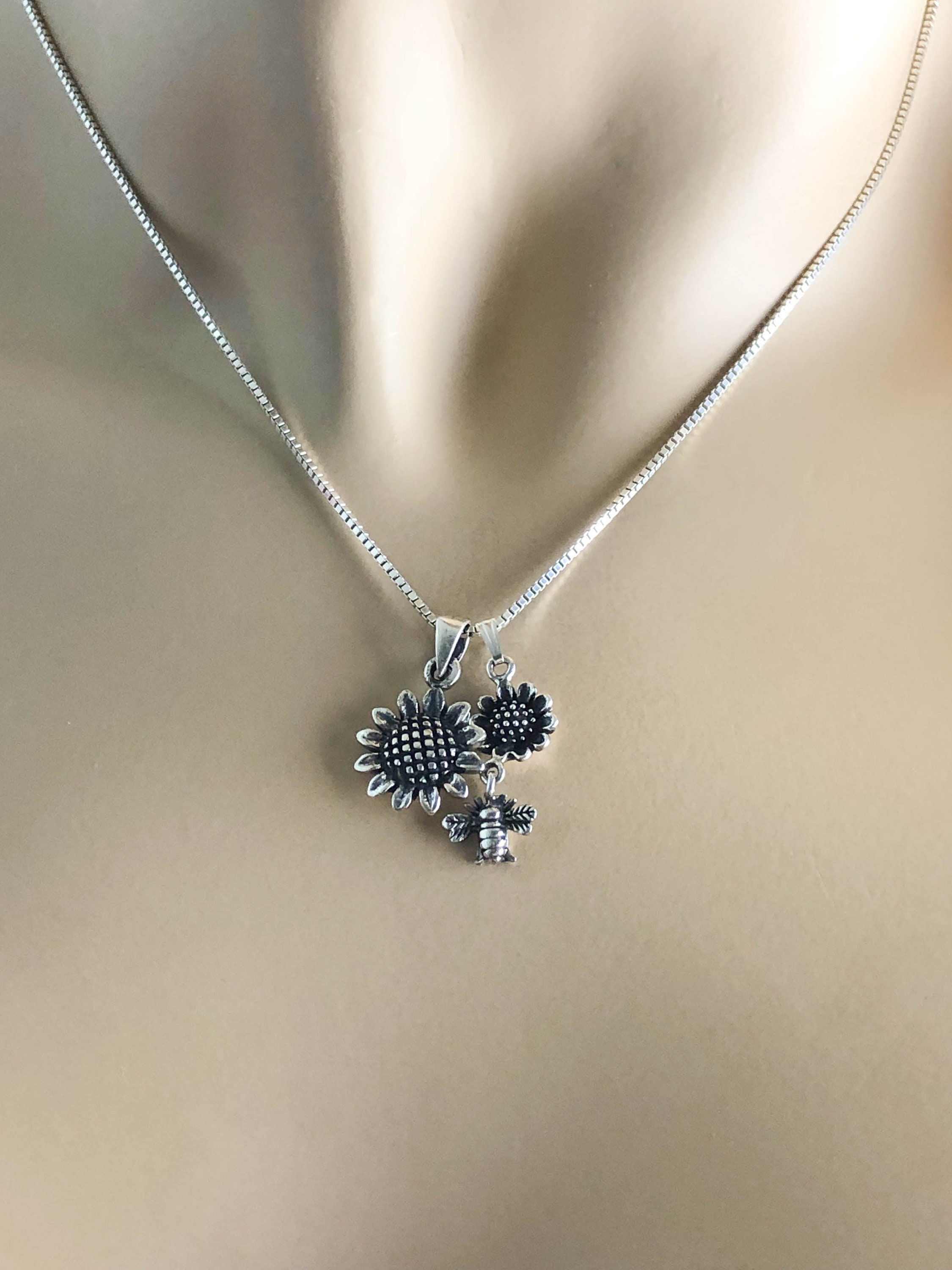 Sunflower Bee Necklace Sterling Silver Sunflower Necklace Etsy