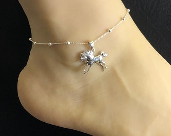 Unicorn Anklet, Sterling Silver Beaded Ankle Bracelet, Good Luck Charm Jewelry, Fantasy Fairytale Anklet, Anklet Chain, Women Jewelry