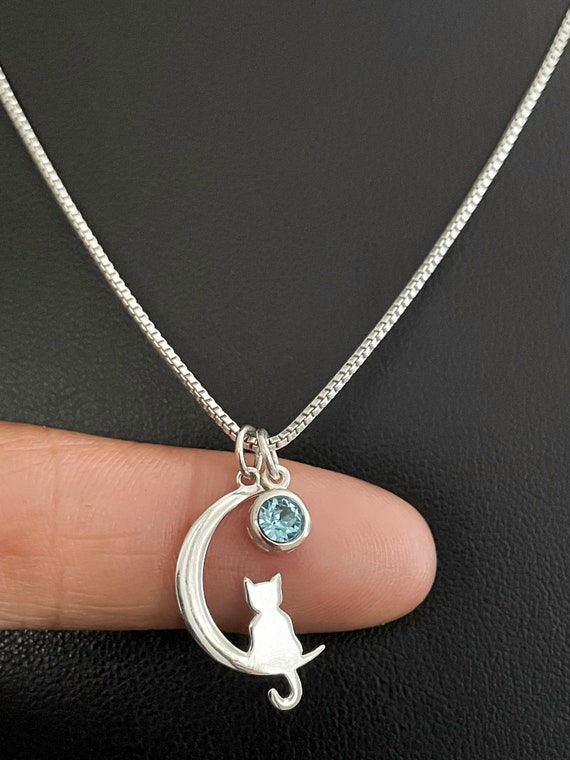 Cat on Moon Necklace Sterling Silver 