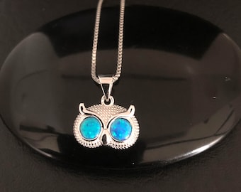 Blue Opal Owl Necklace, Sterling Silver Owl Pendant, October Birthstone Jewelry, Blue Fire Opal Necklace, Wedding Necklace, Owl Head Charm