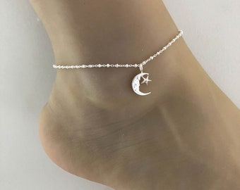 Moon and Star Anklet, Sterling Silver Beaded Ankle Bracelet, Celtic Anklet, Anklet Silver Charm, Summer Anklet, Celestial Beach Anklet