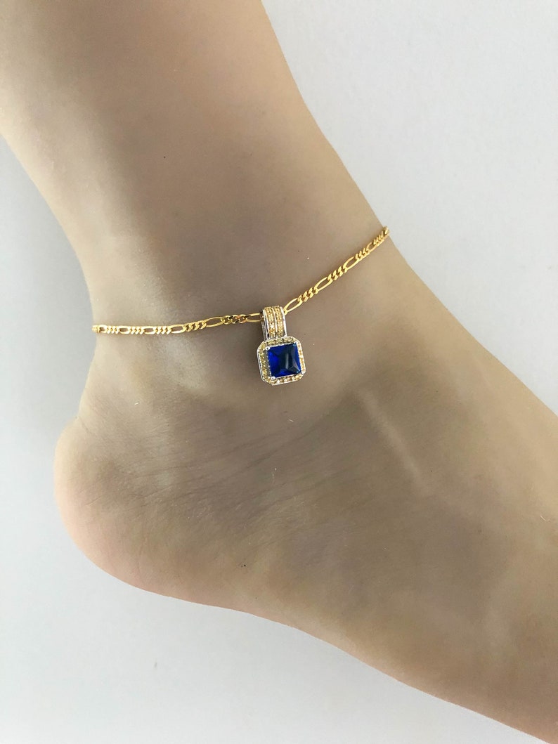 Blue Sapphire Figaro Anklet Gold Figaro Chain Anklet | Etsy