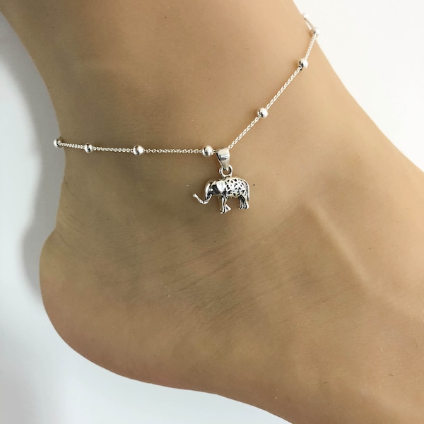 Elephant Anklet, Sterling Silver Beaded Ankle Bracelet, Good Luck Charm Jewelry, Filigree Elephant Anklet, Elephant jewelry, Anklet Chain