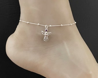 Tobillera de ángel de amatista, pulsera de tobillo con cuentas de plata de ley, tobillera de ángel guardián, joyería de piedra de nacimiento de febrero, tobillera de nácar