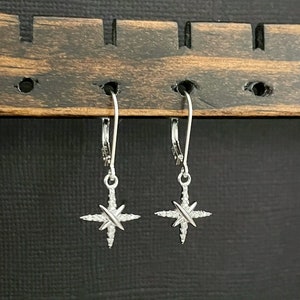 North Star Dangle Earrings, Sterling Silver Celestial Earrings, North Star Jewelry, Bridal Wedding Earrings, CZ North Star Charm Earrings