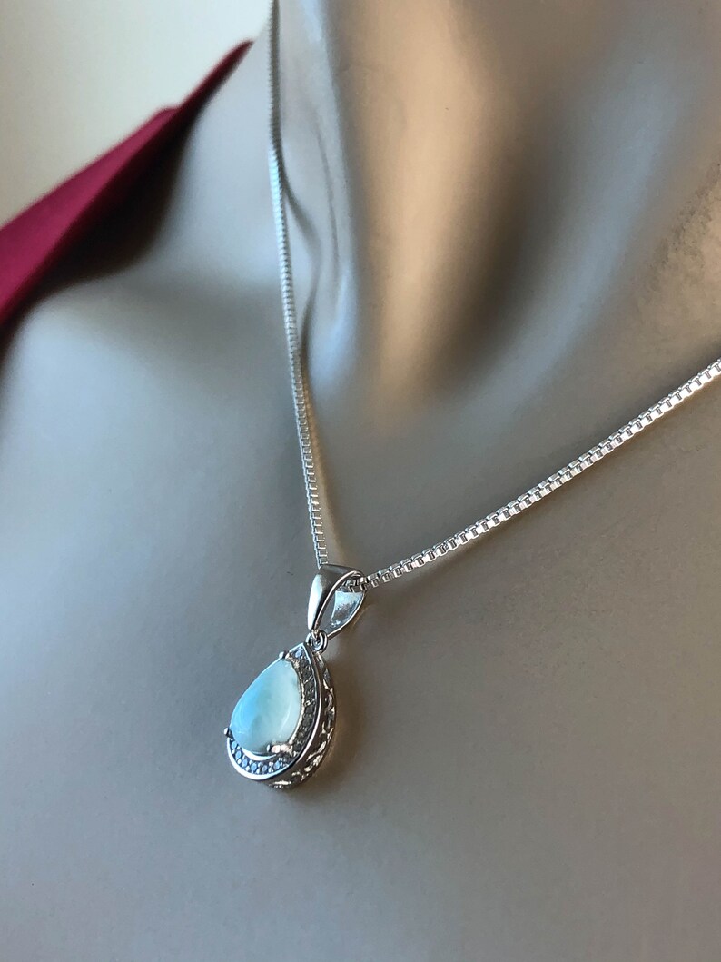 Genuine Larimar Necklace April Birthstone Jewelry March Birthstone Jewelry CZ Bridal Wedding Necklace Sterling Silver Larimar Pendant