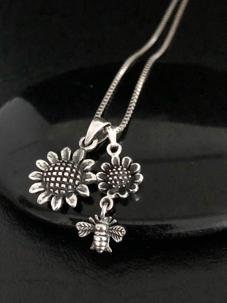 Sunflower Bee Necklace Sterling Silver Sunflower Necklace Etsy