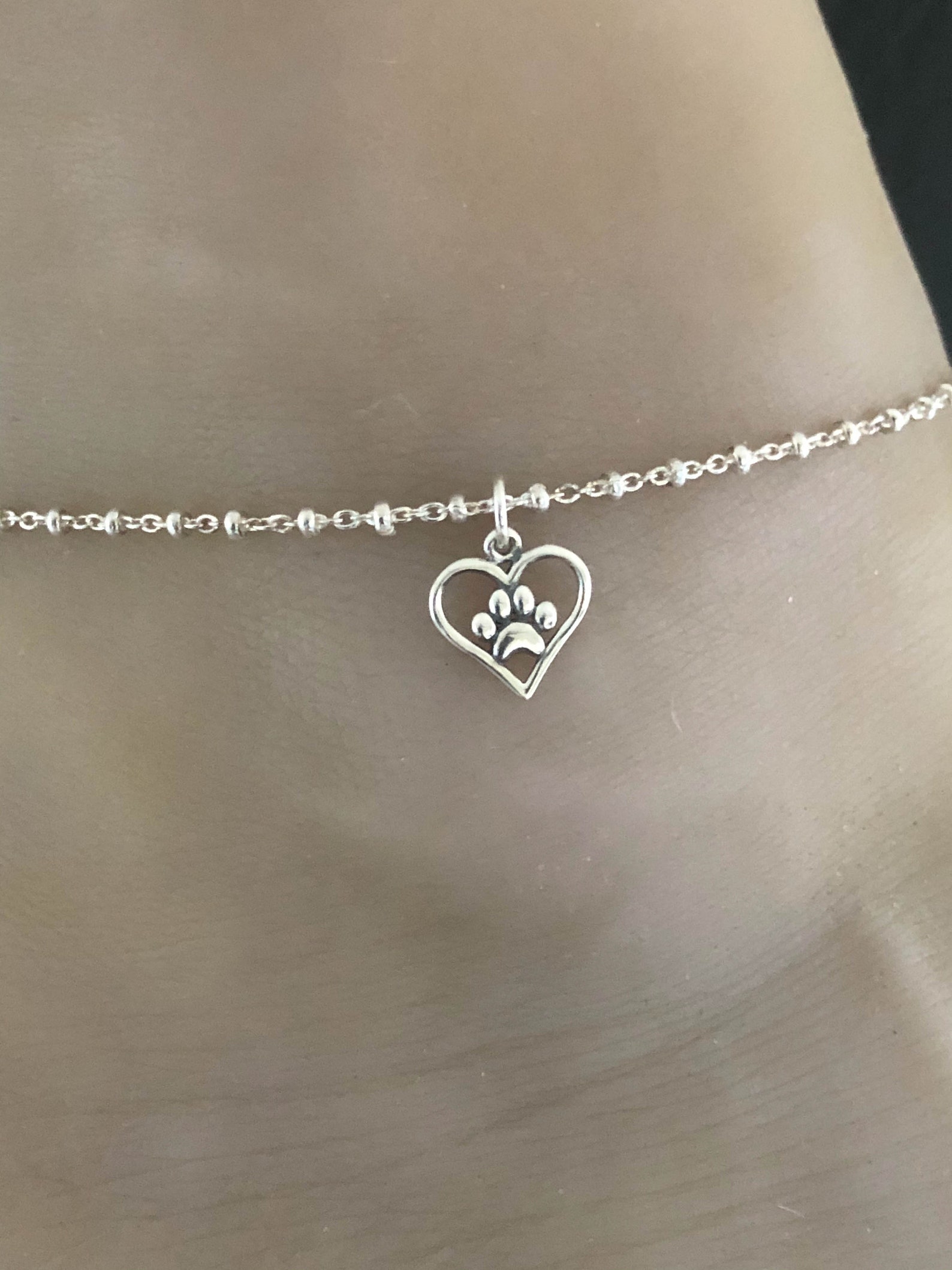 Paw Print Heart Anklet Sterling Silver Beaded Ankle Bracelet Etsy