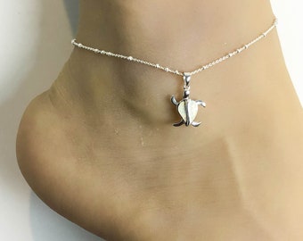 Opal Turtle Anklet, Sterling Silver Beaded Ankle Bracelet, Dainty White Opal Charm Anklet, Boho Foot Jewelry, Barefoot Anklet, Beach Wedding