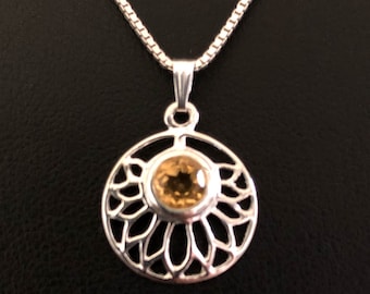 Citrine Necklace, Natural Lotus Citrine Pendant, Sterling Silver Solar Plexus Necklace, November Birthstone Jewelry, Natural Gemstone