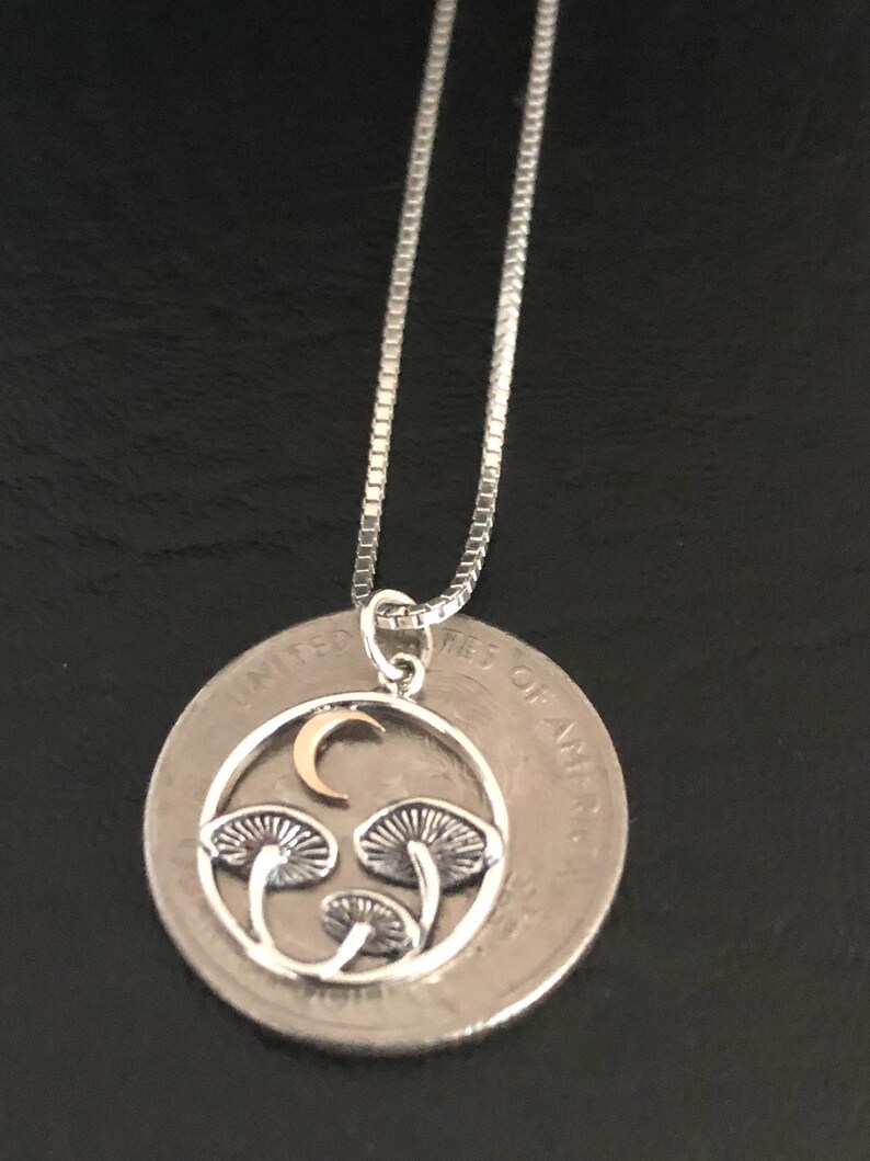May include: A silver necklace with a pendant featuring a crescent moon and three mushrooms in a circle. The pendant is about the size of a US quarter.