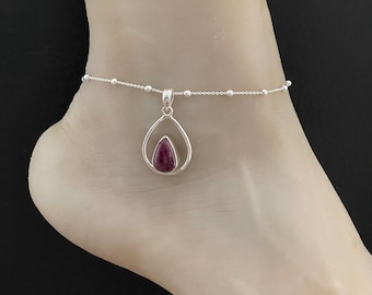 Tobillera de rubí genuina, pulsera de tobillo con cuentas de plata de ley, encanto de tobillo de rubí, joyería de boda en la playa, joyería de piedra de nacimiento de julio, encanto descalzo