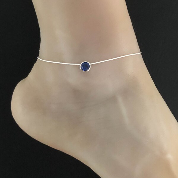 Blue Sapphire Anklet, Sterling Silver Snake Ankle Bracelet, Sapphire Charm Anklet, Beach Wedding Anklet, Barefoot Jewelry, Bridesmaid Gift