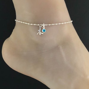 Dragonfly Anklet, Sterling Silver Beaded Ankle Bracelet, Good Luck Charm Jewelry, Dragonfly Charm Anklet, Birthstone Ankle Chain