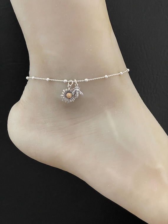 Bumblebee Daisy Anklet, Sterling Silver Beaded Ankle Bracelet, Good Luck  Charm Jewelry, Boho Foot Jewelry, Daisy Charm Anklet Chain