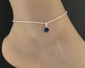 Bracelet de cheville 1000 milliards de saphirs bleus, Bracelet de cheville en perles en argent sterling, Bijoux porte-bonheur, Bracelet de cheville avec breloques saphir, Chaîne de cheville en saphir