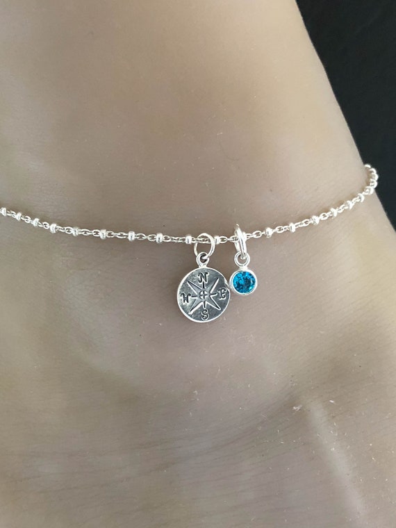 Sterling Silver Blue Beaded Anklet with Compass Charm Sterling Silver Blue Beaded Anklet with Compass Charm