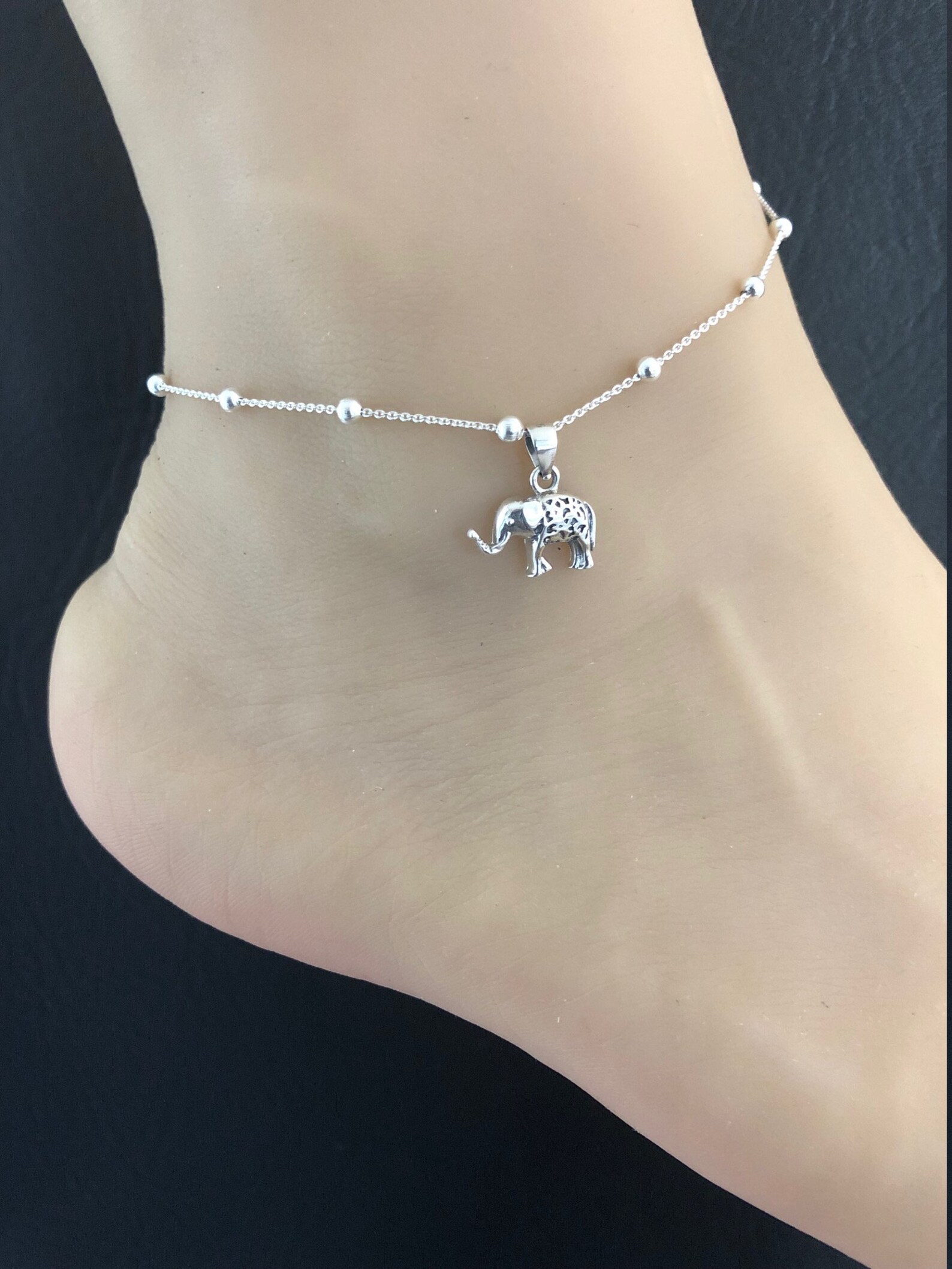 Elephant Anklet, Sterling Silver Beaded Ankle Bracelet, Good Luck Charm Jewelry, Filigree