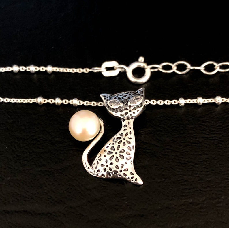 Beach Wedding Sterling Silver Beaded Ankle Bracelet Cat Charm Anklet Chain Cat Anklet Cat With Pearl Anklet Good Luck Charm Jewelry