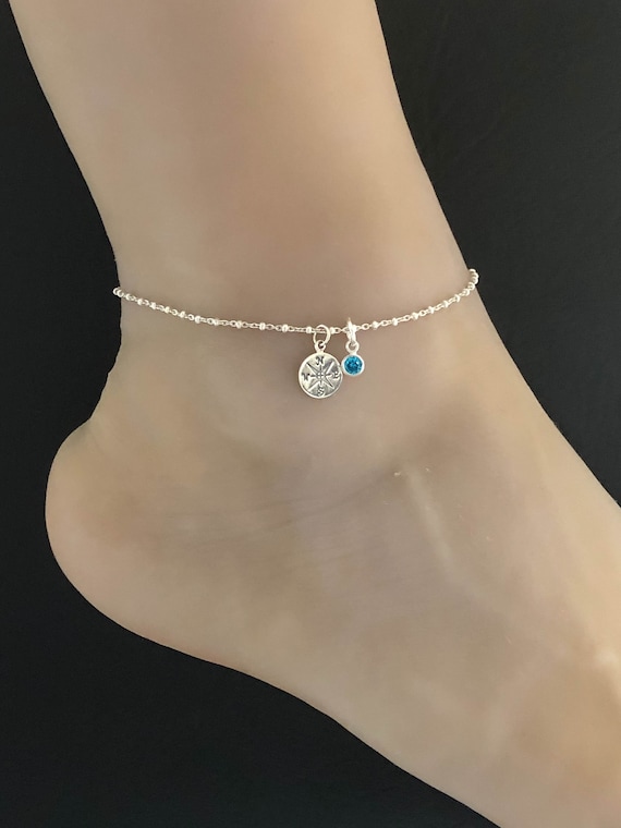 Sterling Silver Blue Beaded Anklet with Compass Charm Sterling Silver Blue Beaded Anklet with Compass Charm