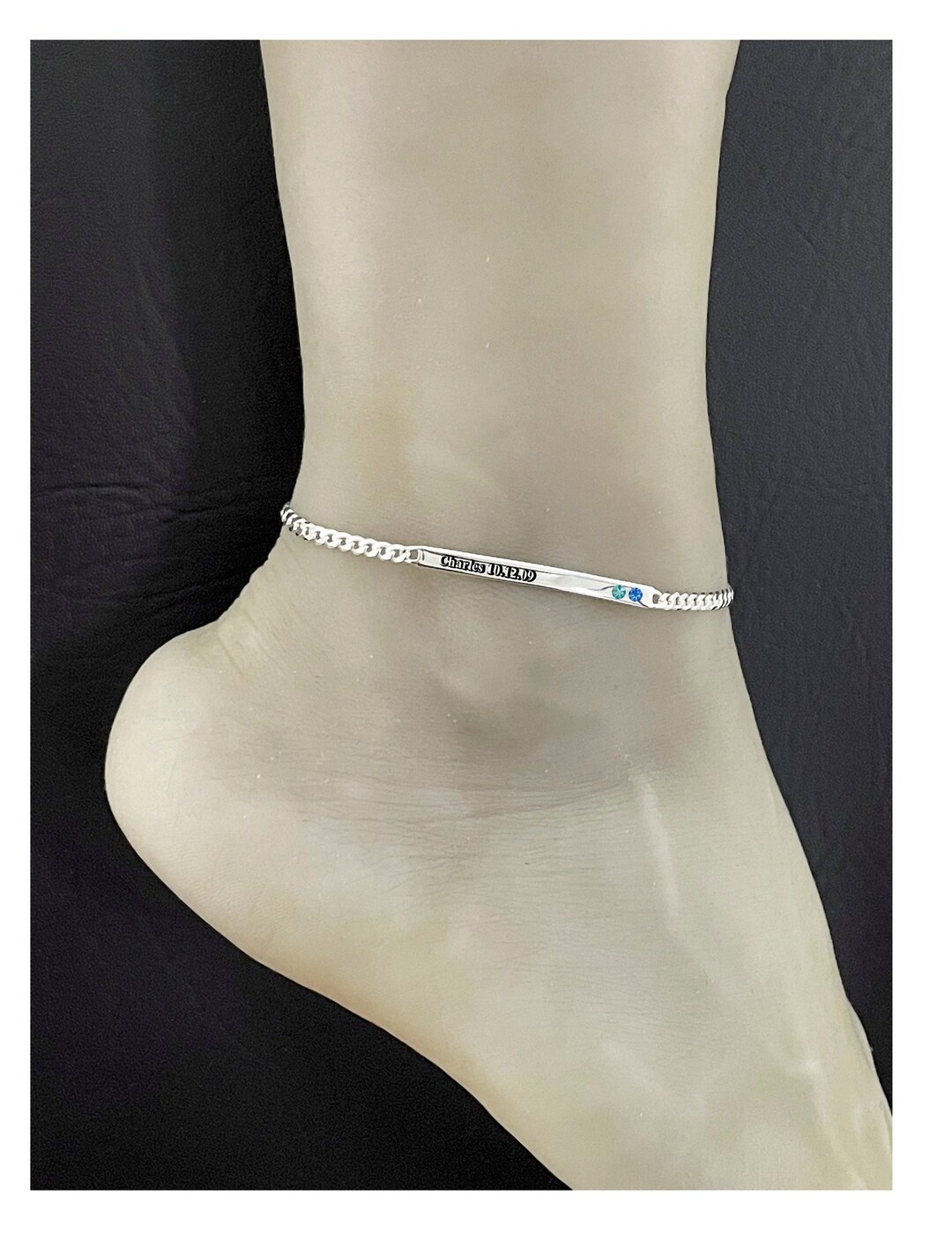 Laser Engraved Curb Anklet, Sterling Silver Custom ID Anklet