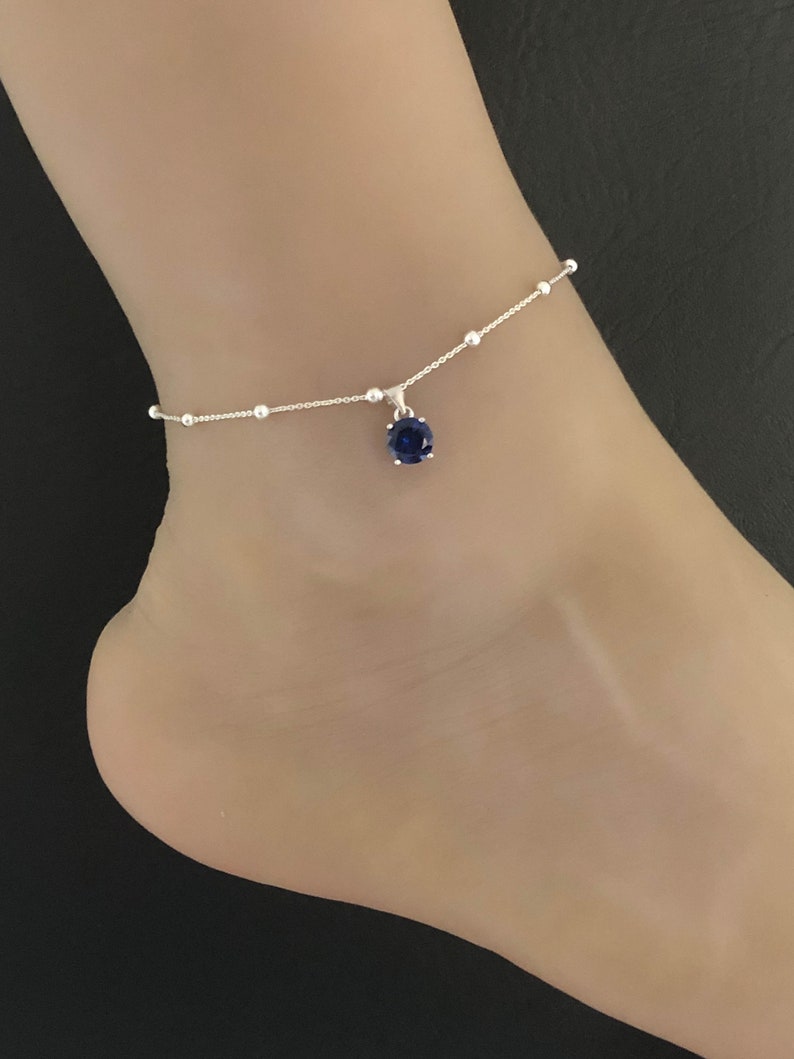 Blue Sapphire Anklet Sterling Silver Beaded Ankle Bracelet Etsy