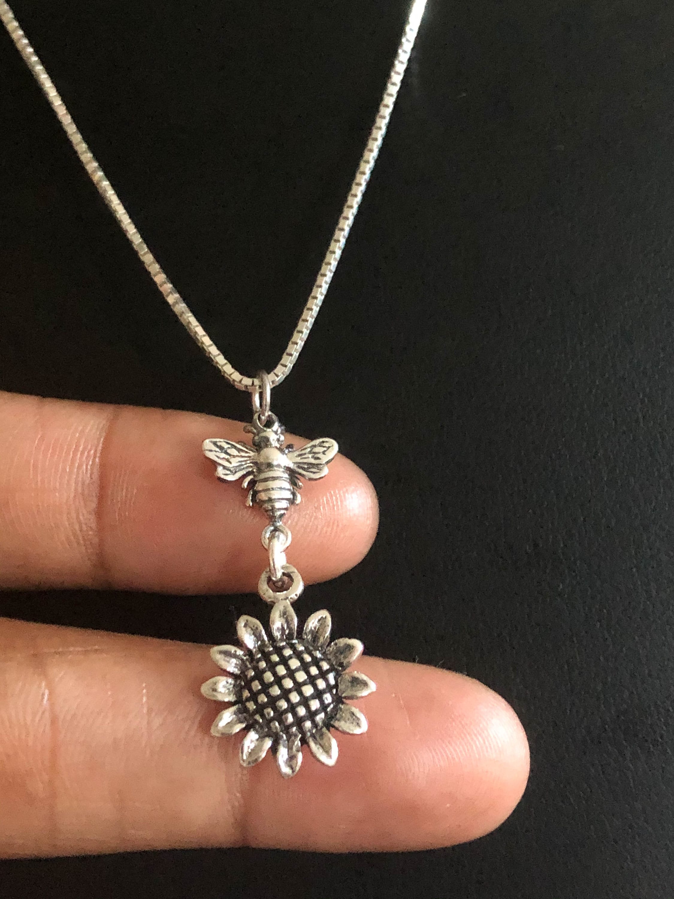 Sunflower Bee Necklace Sterling Silver Sunflower Necklace Etsy