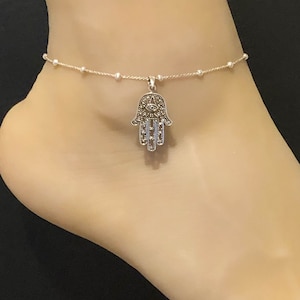 Hamsa enkelbandje, Sterling zilveren kralen enkelbandje, geluk charme, bescherming enkelbandje, hand van Fatima enkelbandje, boze oog sieraden