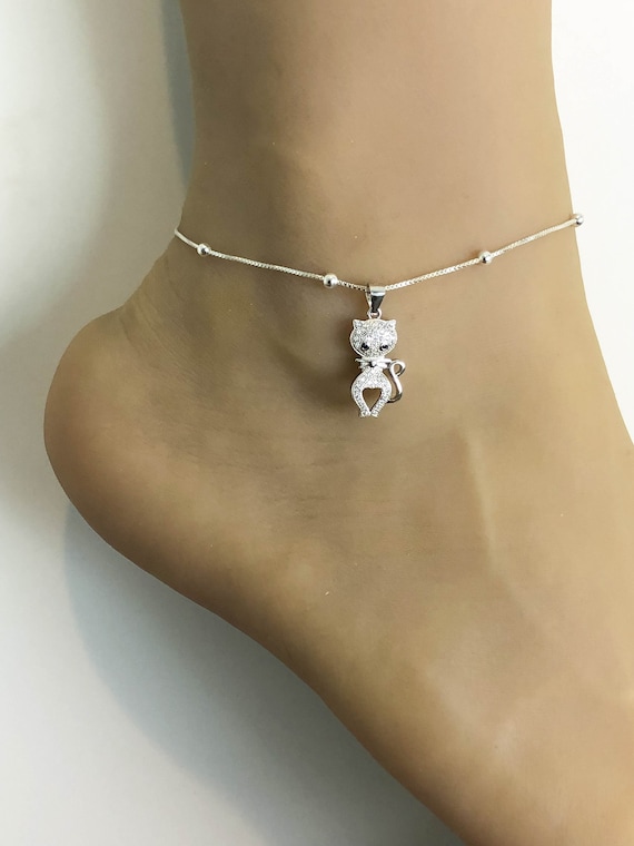 Cat Anklet Sterling Silver Beaded Ankle Bracelet Good Luck Charm Jewelry CZ Cat Anklet Cat Charm Anklet Beach Wedding Anklet Chain Etsy Canada