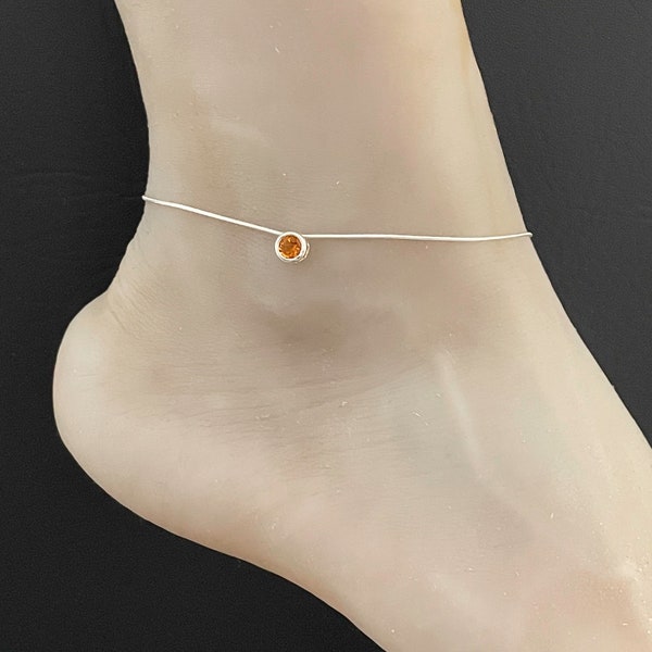 Natural Citrine Anklet, Sterling Silver Snake Ankle Bracelet, Citrine Charm Jewelry, Beach Wedding Anklet, November Birthstone Jewelry