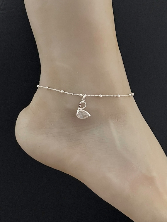 Genuine Rainbow Moonstone Swan Anklet, Sterling Silver Beaded