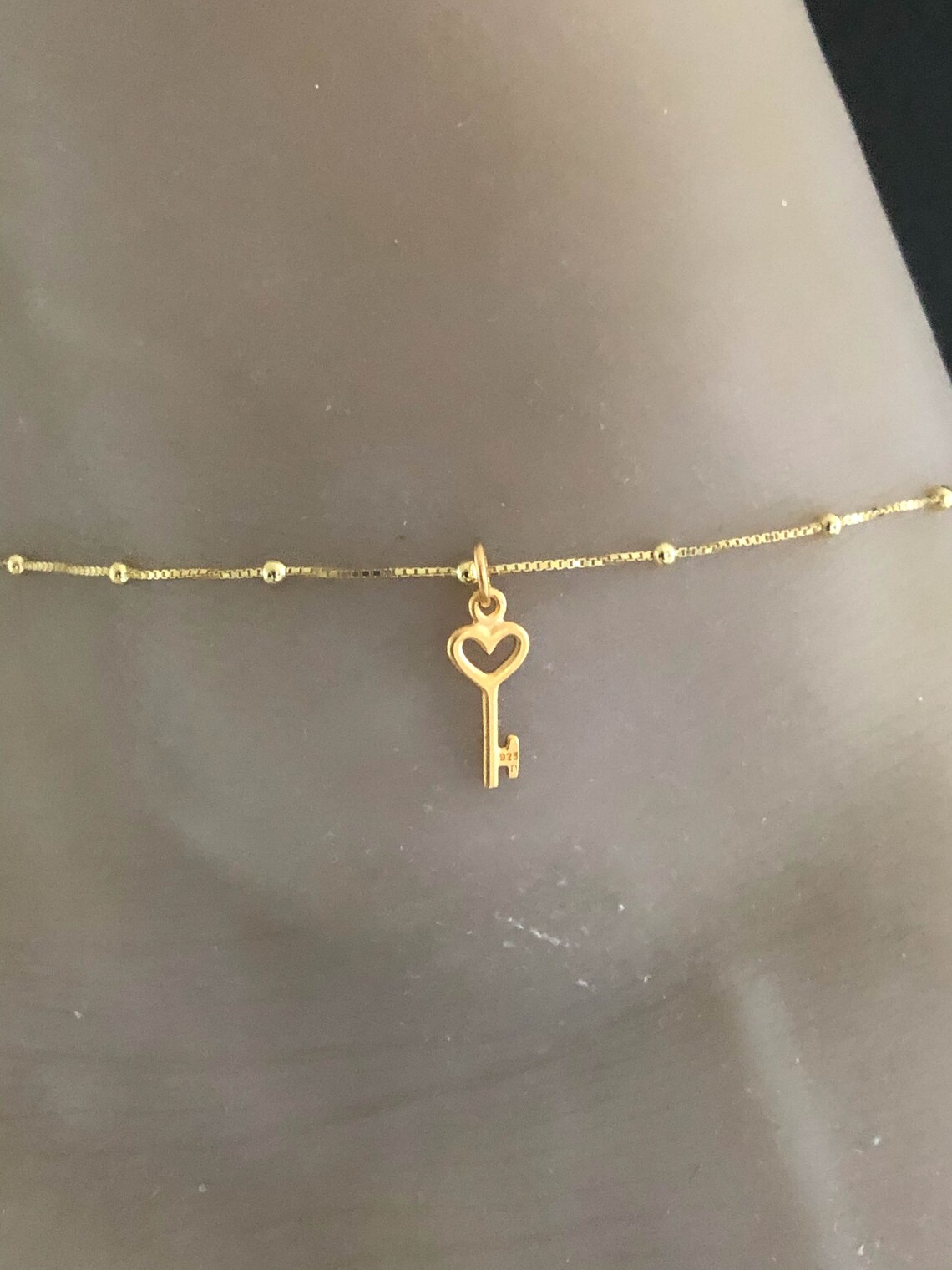 Gold Heart Key Anklet Gold Plated over Sterling Silver Beaded Etsy