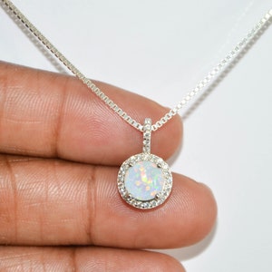 White Opal Necklace, Sterling Silver Halo Necklace, CZ Necklace, Opal Jewelry, October Birthstone Jewelry, Bridal Wedding Necklace